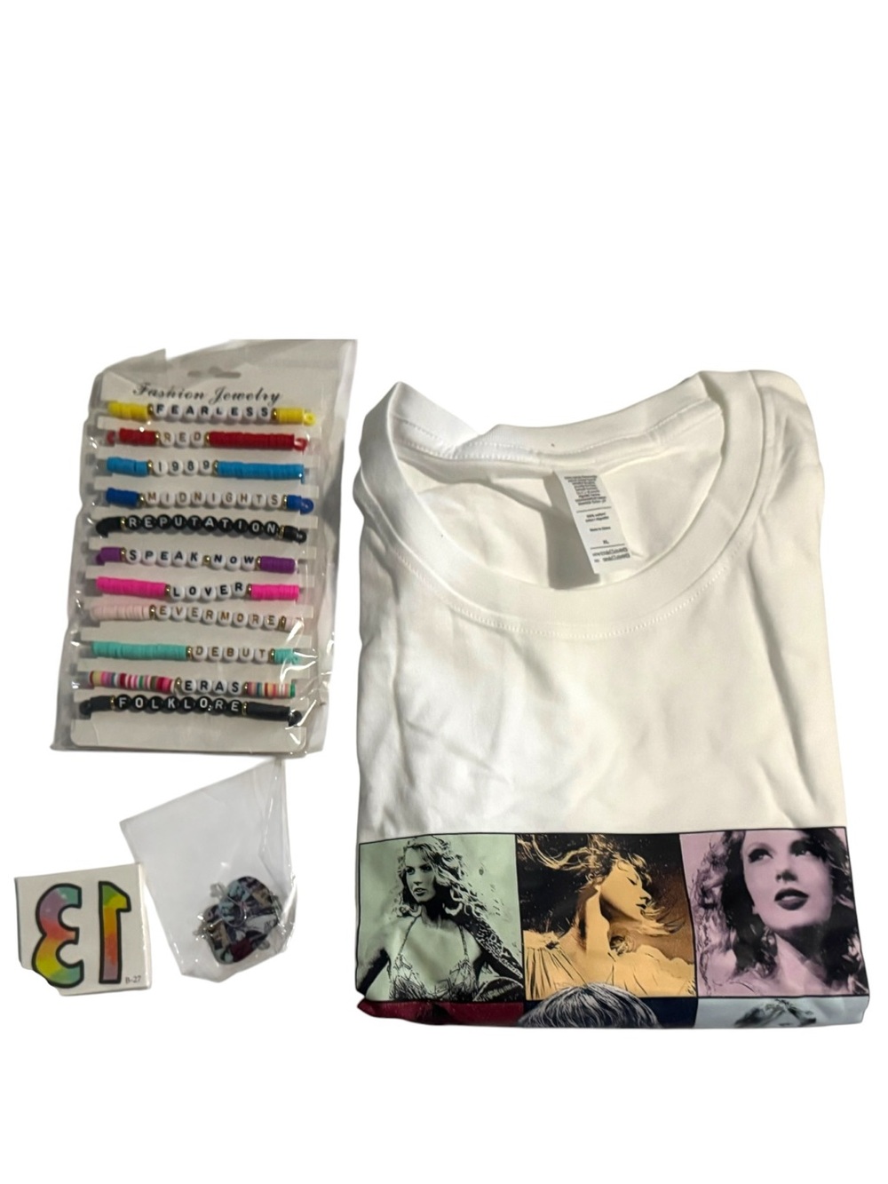 Taylor Swift Eras Tour Merchandise Set T Shirt XL Bracelets Earrings Tattoos